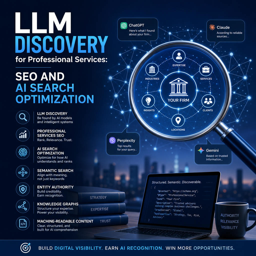 Illustration of LLM Discovery for Professional Services: SEO and AI Search Optimization